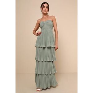 Lulus Sage Brush Strapless Tiered Maxi Dress Green in Size Medium